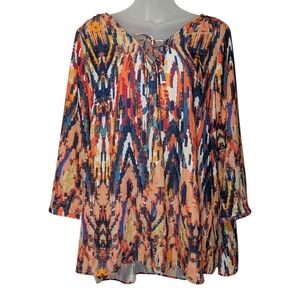 a.n.a Vibrant Abstract Artsy Oversized XL Lightweight Lace Up Neck Top Flowy